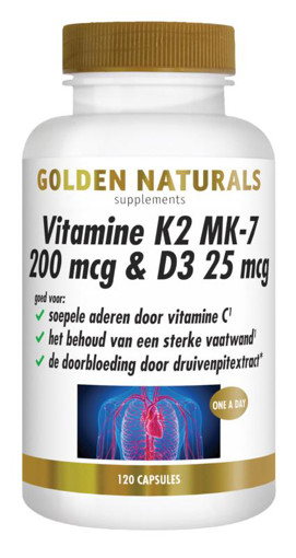 Golden Naturals Vitamine K2 200mcg & D3 25mcg 120 capsules afbeelding